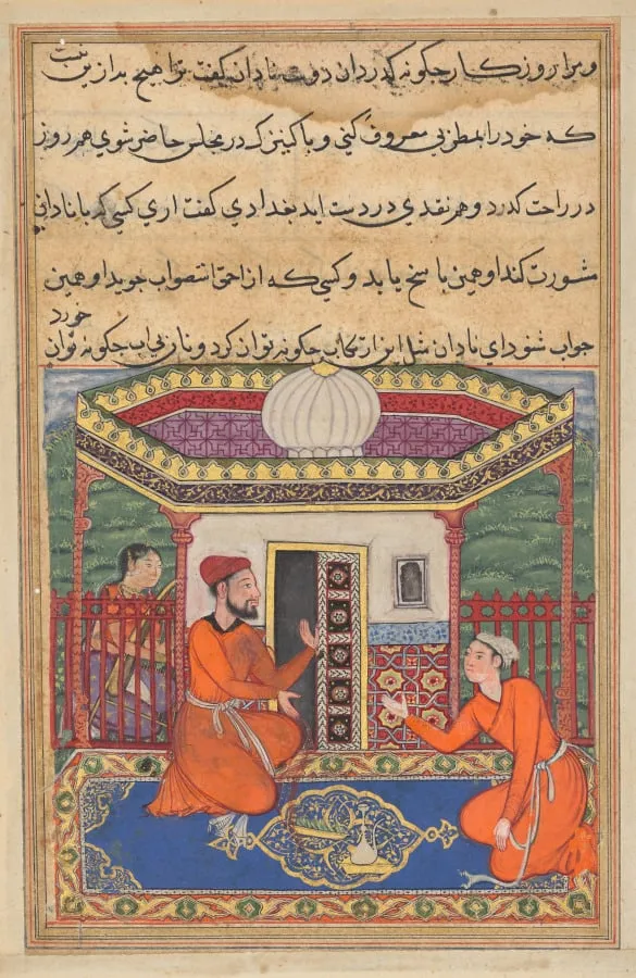 The young man of Baghdad solicits advice from a friend as his slave girl, who is adept at music, awaits, from a Tuti-nama (Tales of a Parrot): Forty-eighth Night, by Unknown, unspecified, 1560
