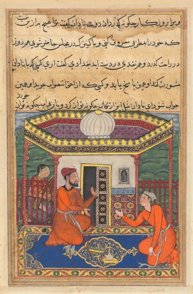 The young man of Baghdad solicits advice from a friend as his slave girl, who is adept at music, awaits, from a Tuti-nama (Tales of a Parrot): Forty-eighth Night, by Unknown