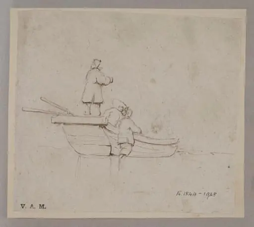 Three Chinese figures with a small boat, by Unknown