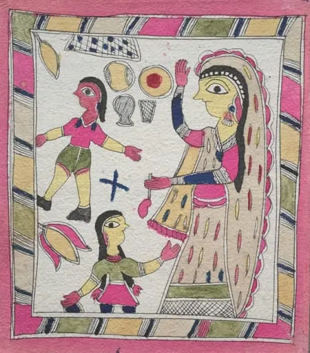Three Figures: woman with two children playing ball, by Unknown