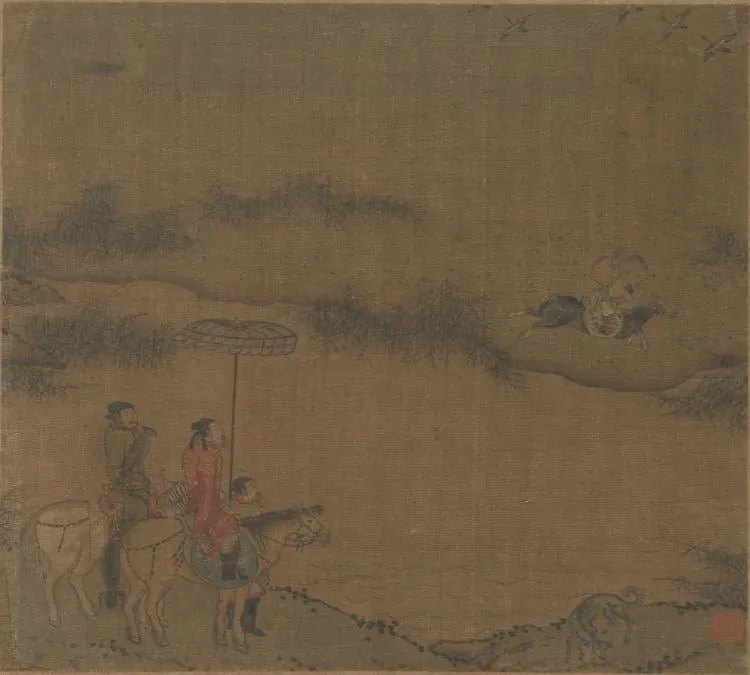 Three Horsemen Hunting Wild Geese, by Unknown, unspecified, 1120