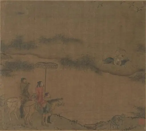 Three Horsemen Hunting Wild Geese, by Unknown