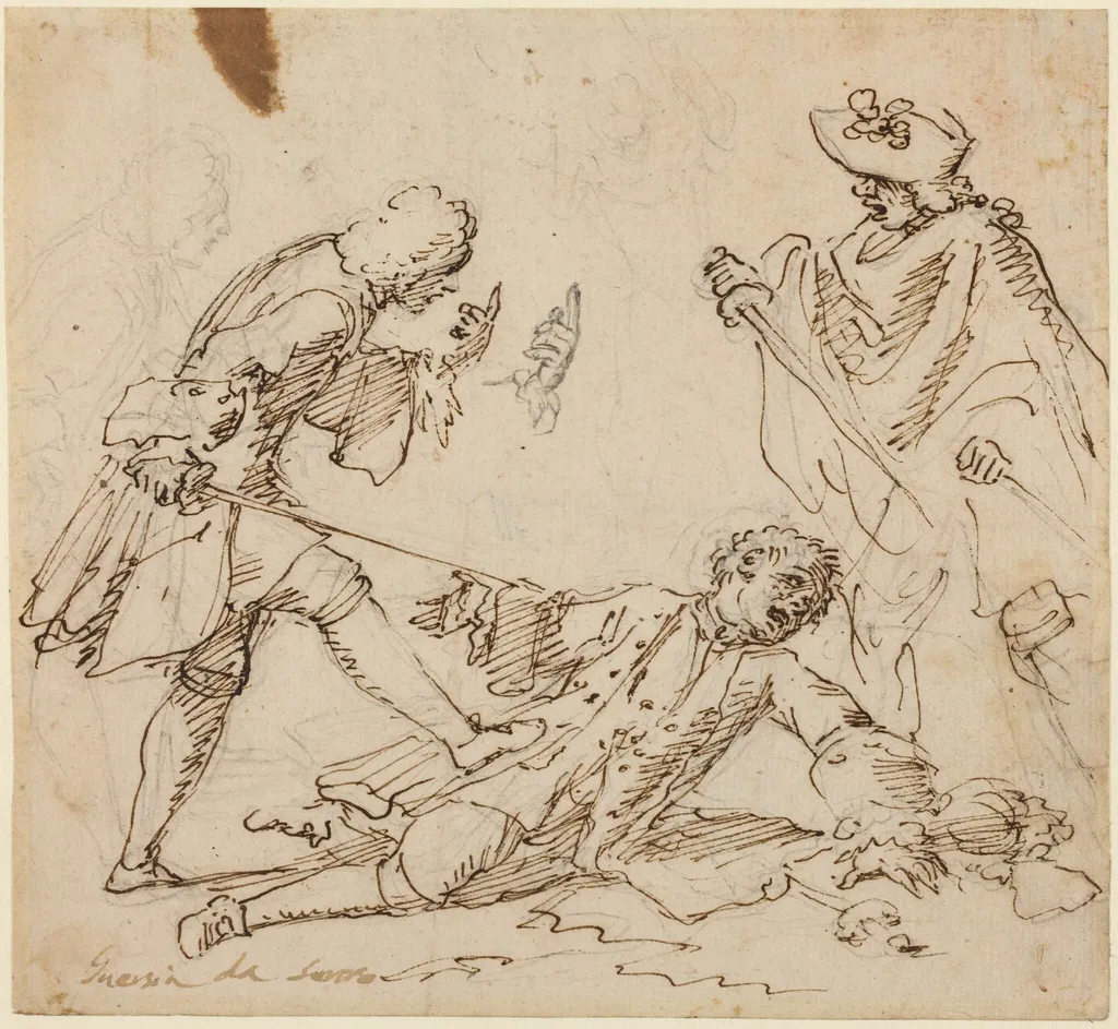 Three Men Fighting, by Unknown, chalk, 1700