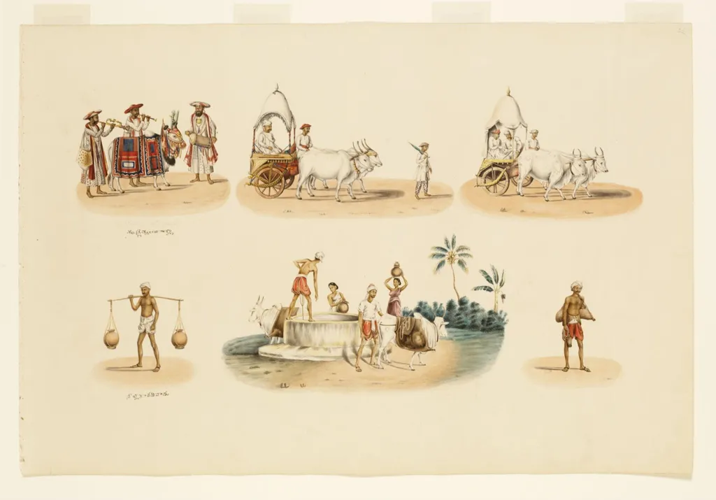 Three modes of transport and three methods of obtaining water, by Unknown, paint, 1830