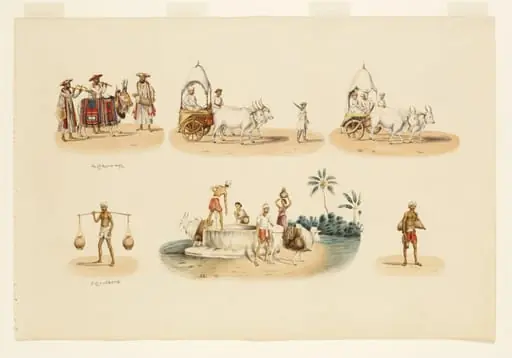 Three modes of transport and three methods of obtaining water, by Unknown