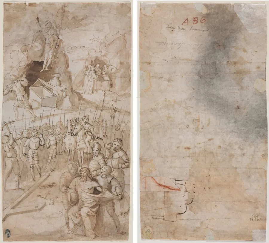 Three Scenes from the Passion of Christ (recto); Architectural Sketch (verso), by Unknown, 1504