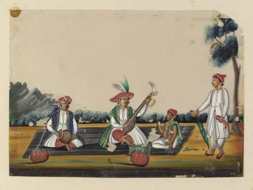 Three seated musicians and an onlooker, by Unknown