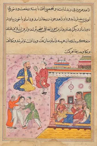 Three suitors fight amongst themselves for the hand of the devotee’s daughter, from a Tuti-nama (Tales of a Parrot): Twentieth Night, by Unknown