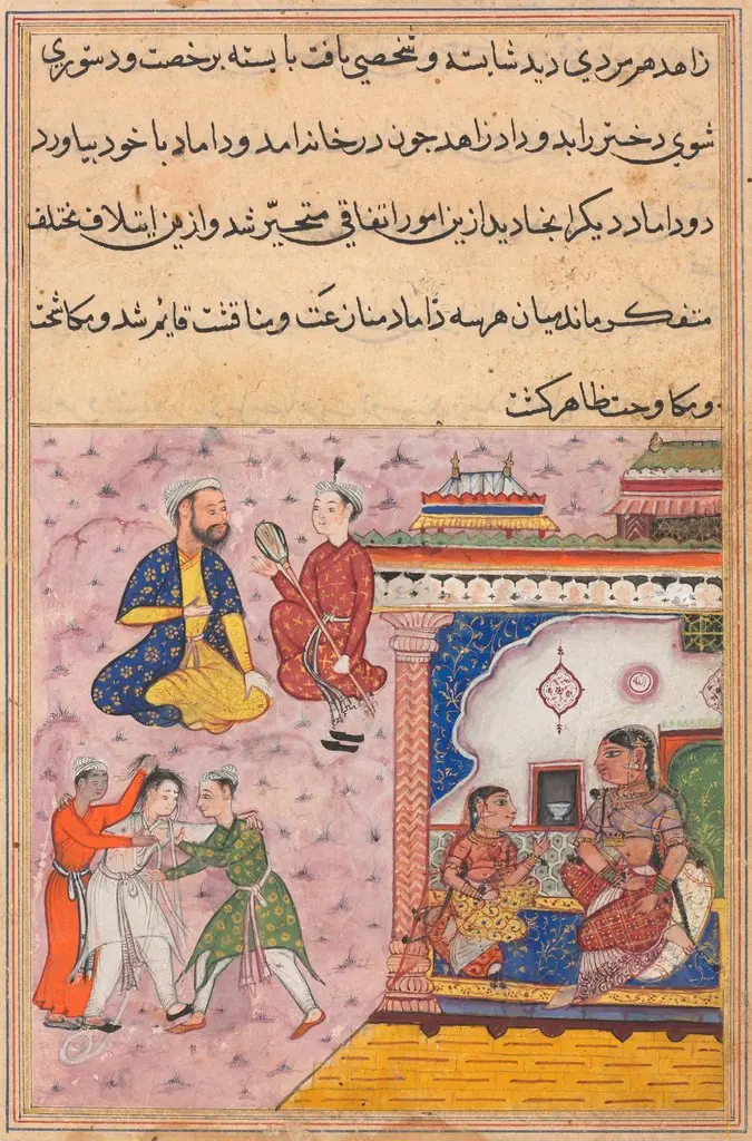 Three suitors fight amongst themselves for the hand of the devotee’s daughter, from a Tuti-nama (Tales of a Parrot): Twentieth Night, by Unknown
