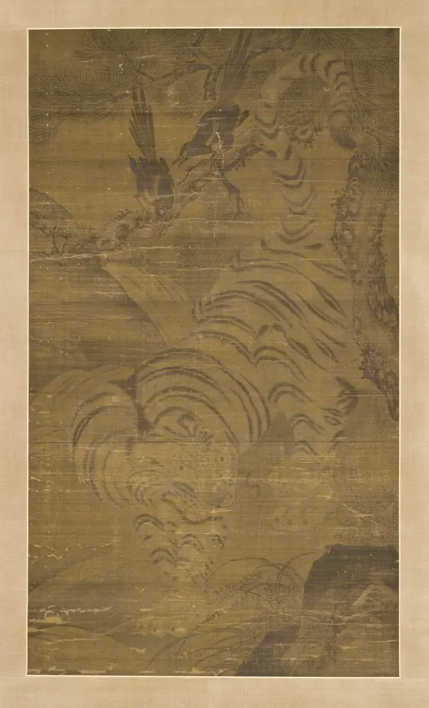 Tiger, Magpies, and Pine, by Unknown