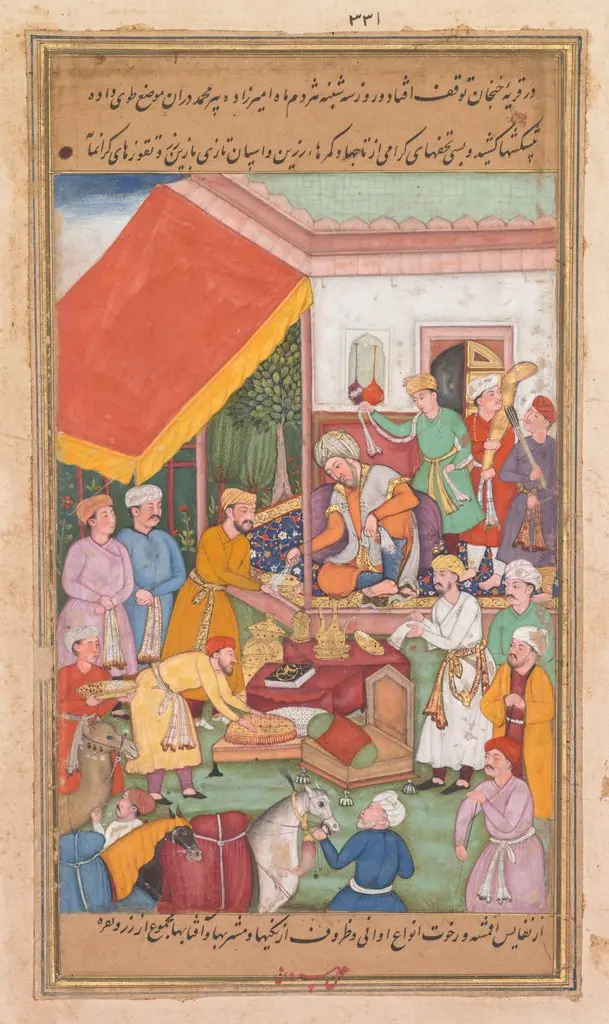 Timur distributes gifts from his grandson, the Prince of Multan, from a Zafar-nama (Book of Victories), by Unknown