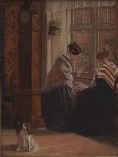 To damer sidder ved et vindue og syr, by Unknown
