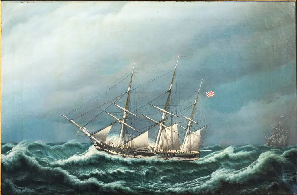 To danske fregatter i en storm signalerer med hinanden, by Unknown, 1833