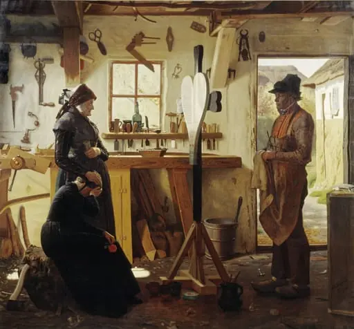 To kvinder besøger landsbykunstneren for at se det bestilte gravkors, by Unknown