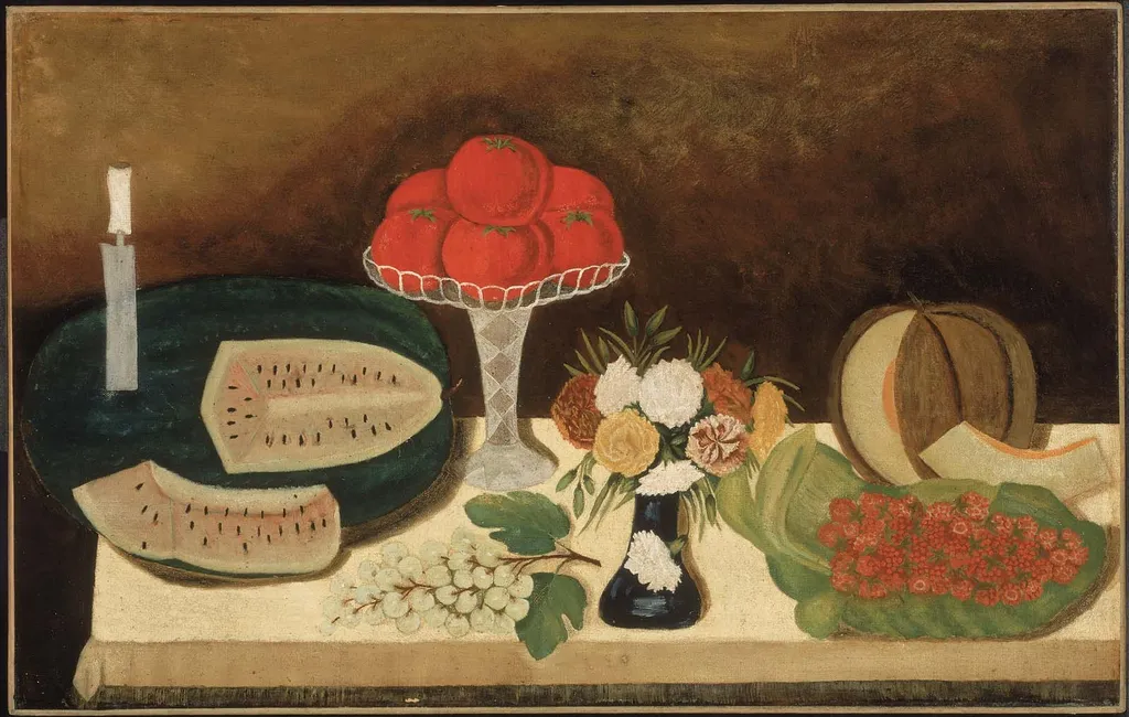 Tomatoes, Fruit, and Flowers, by Unknown, oil, 1860