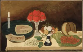 Tomatoes, Fruit, and Flowers, by Unknown, 1860
