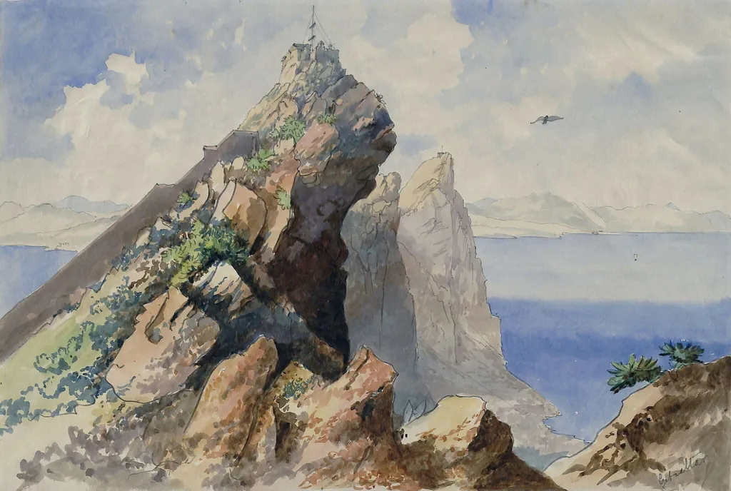 Top of the Rock, Gibraltar, by Unknown, watercolor, 1865