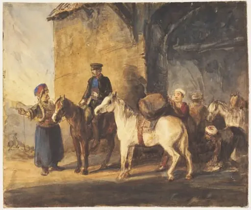 Travellers departure from a Caravanserai, by Unknown
