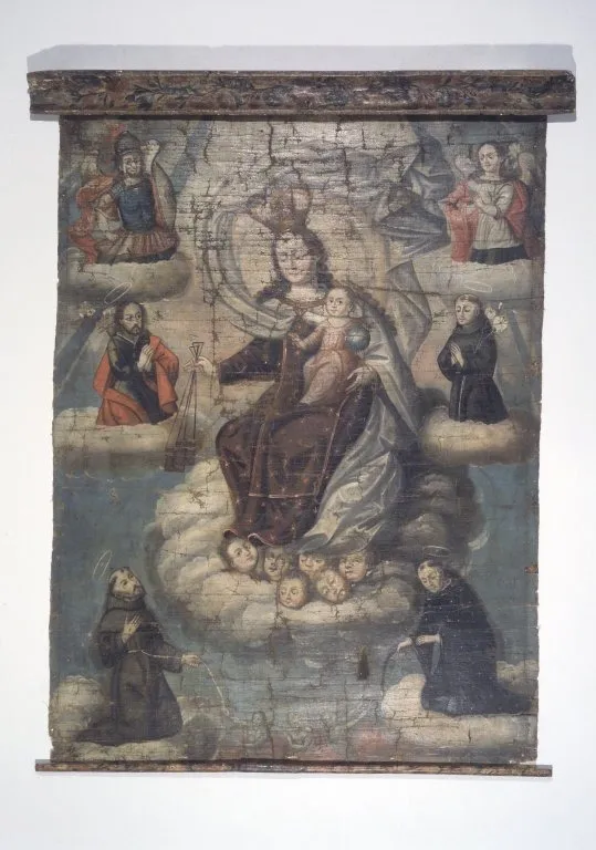 Travelling Scroll depicting the Virgin of Carmel with Saints Michael, Gabriel, Joseph, Anthony of Padua, Francis of Assisi, Nicholas Tolentino, by Unknown, oil, 1790
