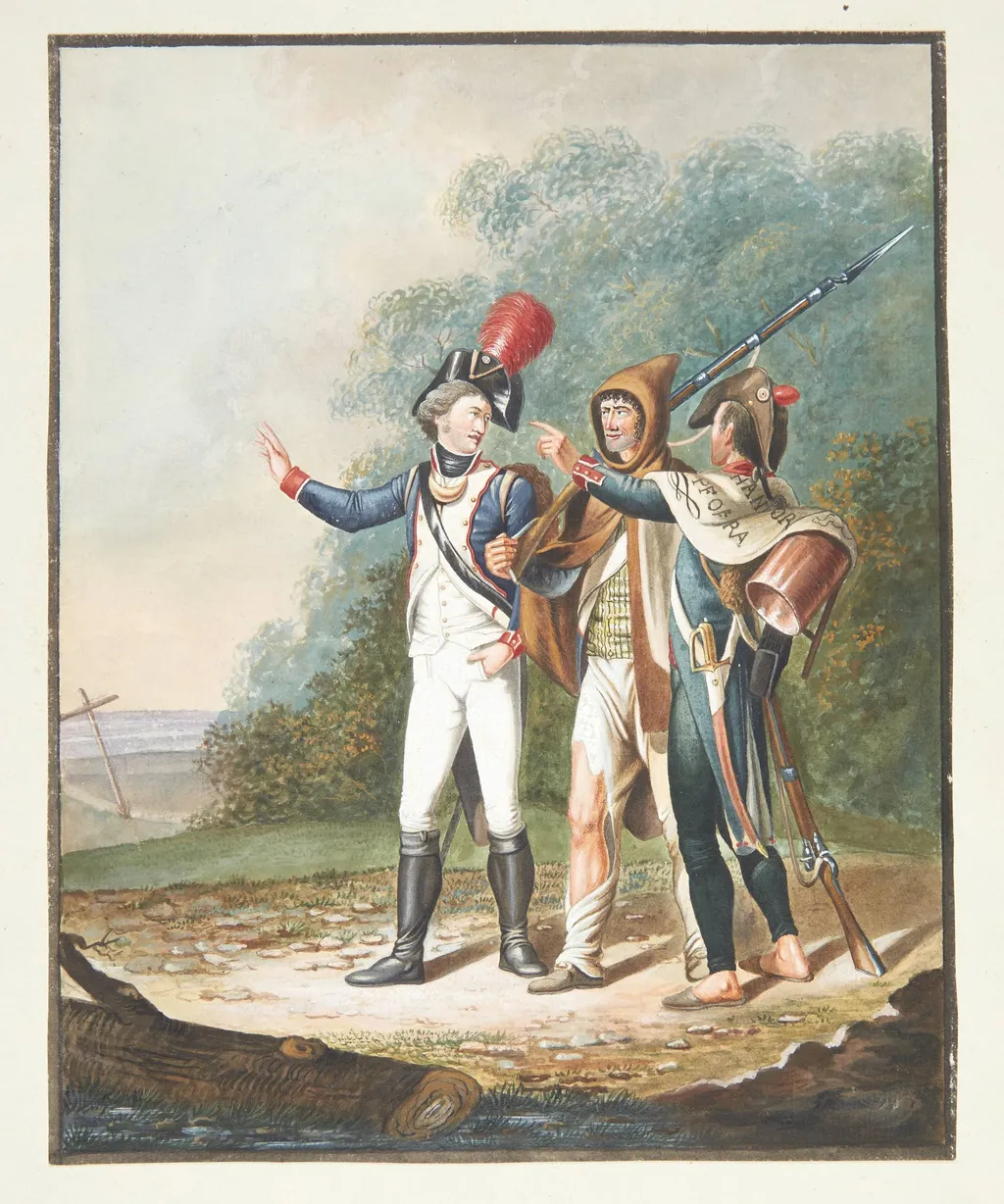 Tre franske soldater på en vej, by Unknown, unspecified, 1750
