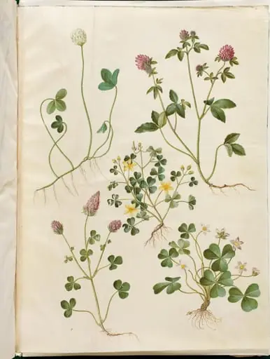 Trifolium repens (hvid-kløver); Trifolium pratense (rød-kløver); Oxalis corniculata (nedliggende surkløver); Trifolium incarnatum (blod-kløver); Oxalis acetosella (skovsyre), by Unknown