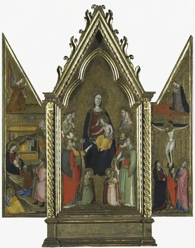 Triptych. Centre: The Virgin and Child Enthroned. Left wing: The Nativity; The Angel of the Annunciation. Right wing: The Crucifixion; The Virgin Annunciate, by Unknown