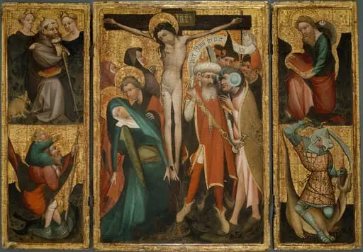 Triptych of the Crucifixion with Saints Anthony, Christopher, James and George, by Unknown