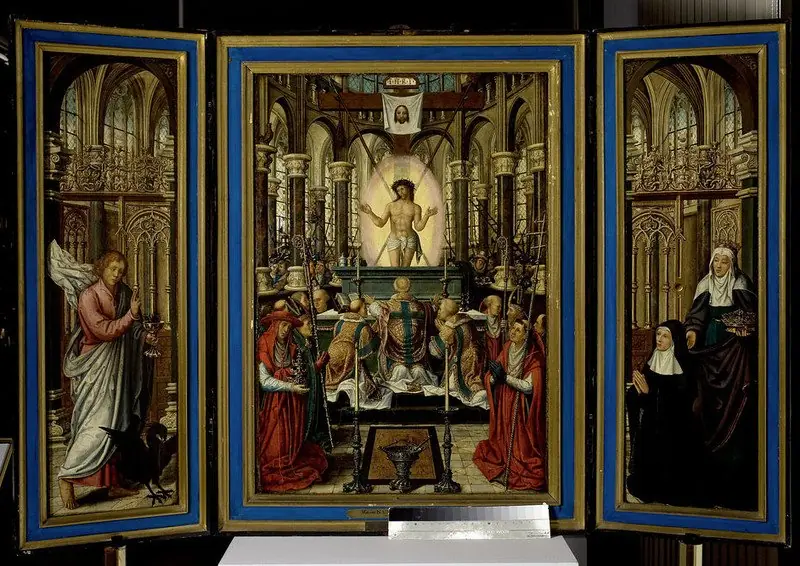 Triptych of the Mass of St. Gregory; left wing: St. John the Evangelist; right wing: St. Elisabeth of Hungary with the founder, Elisabeth van der Meren, by Unknown