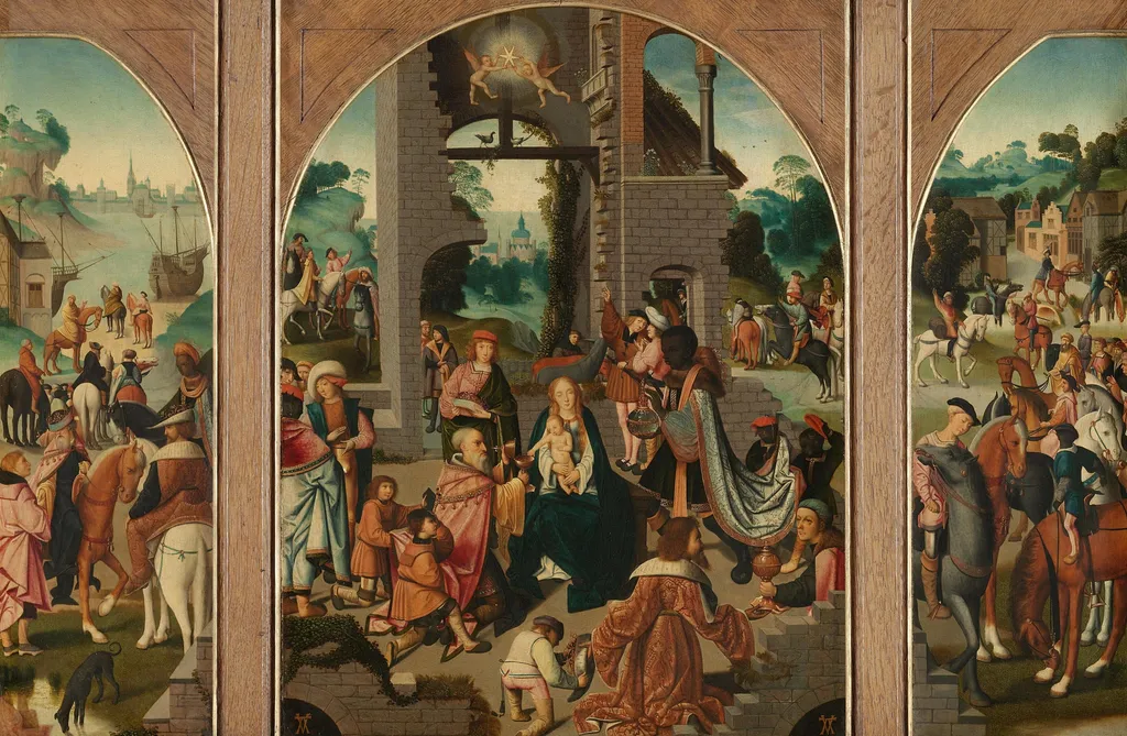 Triptych with Adoration of the Magi (center and inner wings), Saint Antony Abbot (left, outer wing) and Saint Adrian (right, outer wing), by Unknown, unspecified, 1500