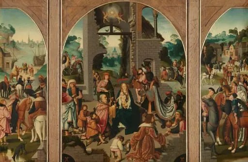 Triptych with Adoration of the Magi (center and inner wings), Saint Antony Abbot (left, outer wing) and Saint Adrian (right, outer wing), by Unknown