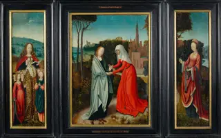 Triptychon. Heimsuchung Mariae zwischen St. Ursula mit den Zehntausend Jungfrauen und St. Martha. Aussenseiten der Flügel: Verkündigung Mariae, by Unknown, 1500
