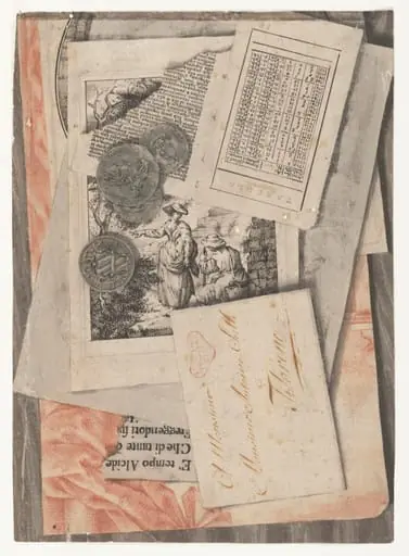 Tromp l'oeil composition showing overlapping drawings and engravings, a page from a calendar, some coins and a franked envelope addressed to Monsieur Antoine Sielli, Florence, by Unknown