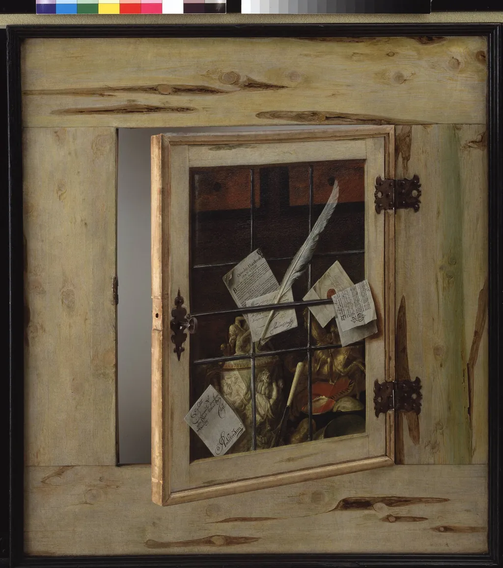 Trompe l'Oeil. A Cabinet of Curiosities with an Ivory Tankard, by Unknown, 1670