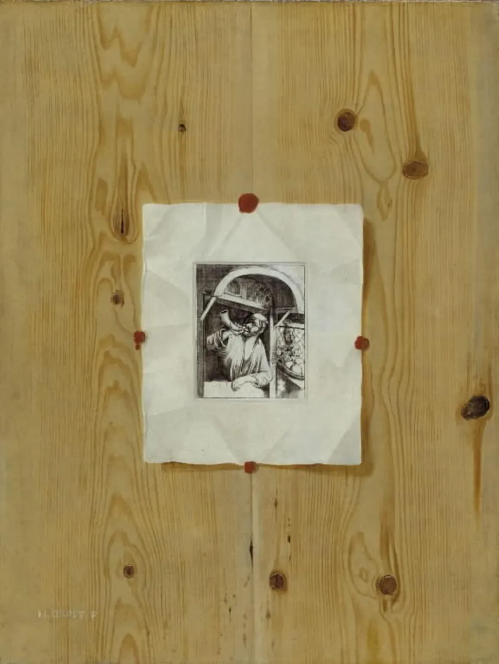 Trompe l'Oeil. Board with an Etching of a Baker Sounding his Horn, by Unknown, 1650