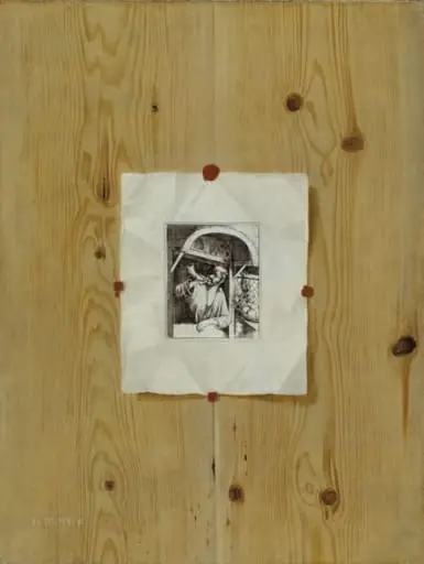 Trompe l'Oeil. Board with an Etching of a Baker Sounding his Horn, by Unknown