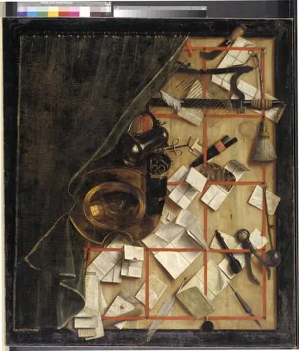 Trompe l'oeil. Letter Rack with a Barber-Surgeon's Instruments, by Unknown