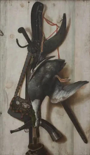 Trompe l'Oeil with Dead Duck and Hunting Implements, by Unknown