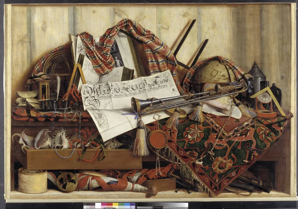 Trompe l'Oeil with Trumpet, Celestial Globe and Proclamation by Frederik III, by Unknown, 1670