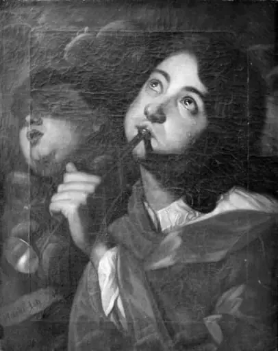 Trompetblæsende engel, i baggrunden keruber, by Unknown