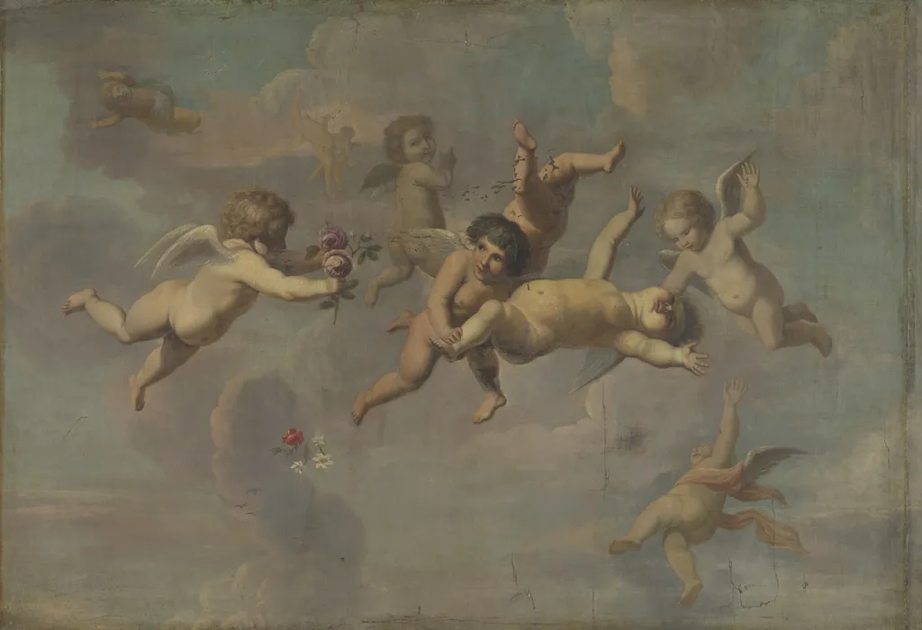 Tumbling Putti with Flowers, by Unknown, oil, 1650