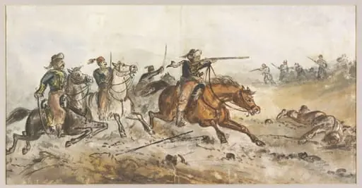 Turkish irregular cavalry charging Russian infantry, by Unknown