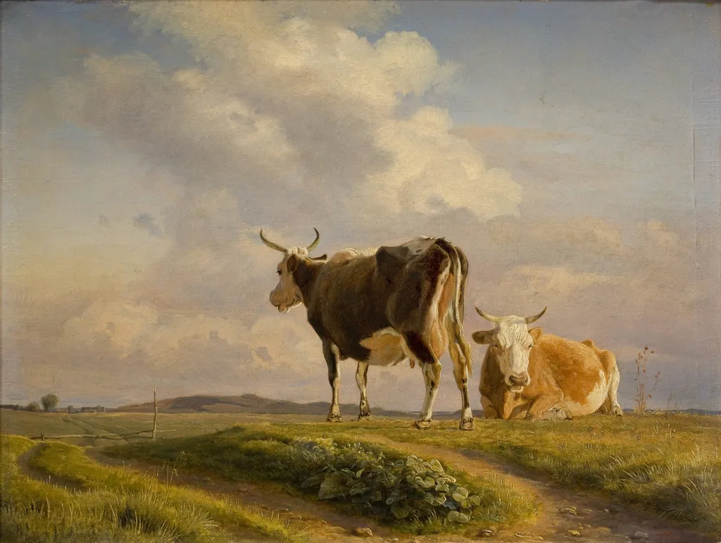 Two Cows in an Open Field, by Unknown, 1845