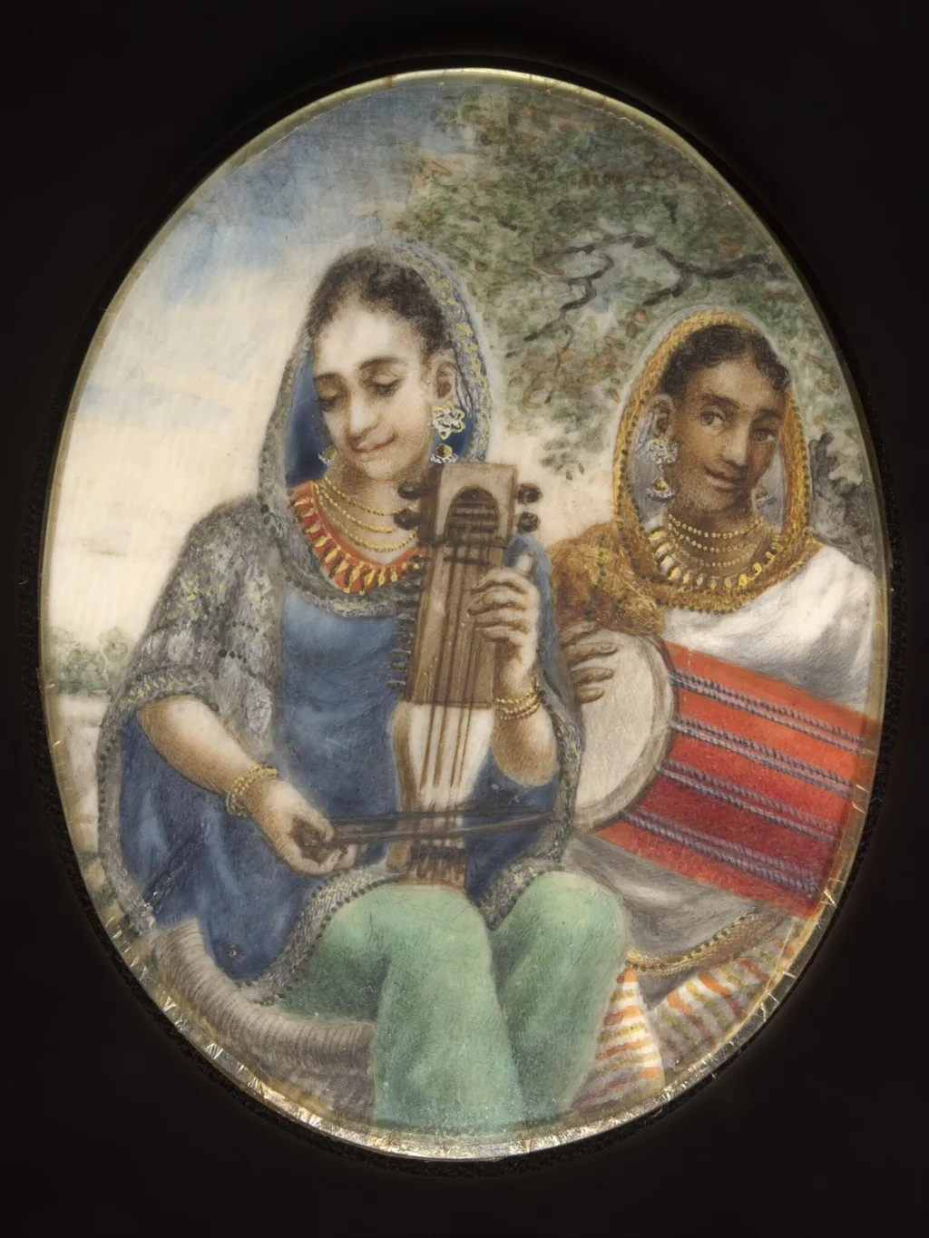 Two Indian ladies, one with a drum, the other with a sarangi., by Unknown, watercolor, 1860