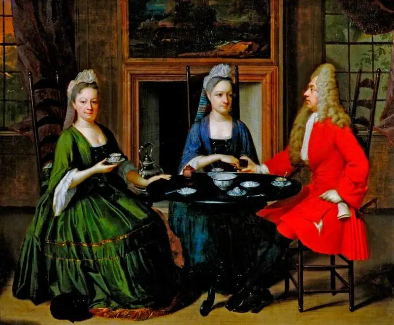 Two Ladies and an Officer Seated at Tea, by Unknown