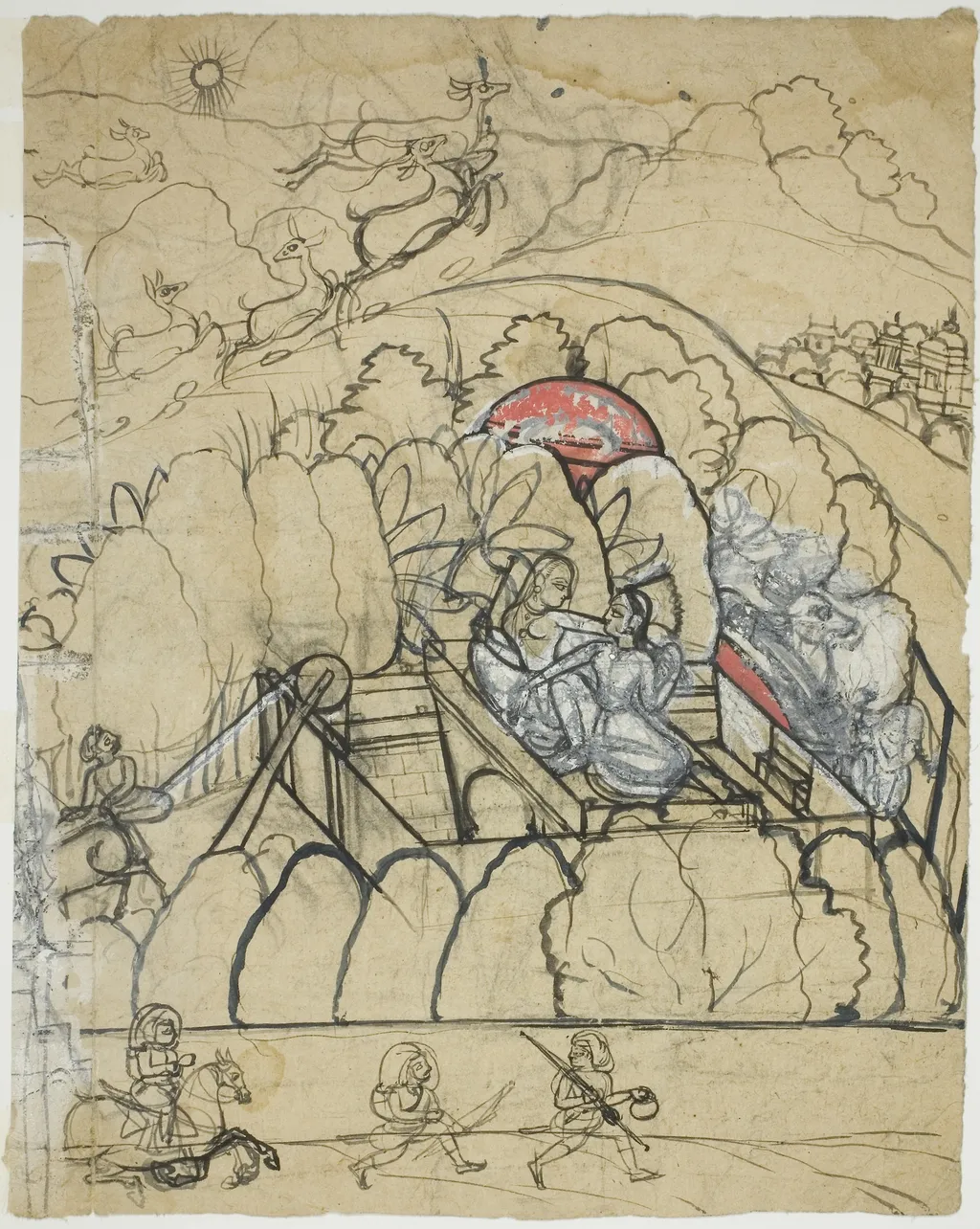 Two Ladies Converse at a Step-Well (Baoli) in a Walled Garden, by Unknown, unspecified, 1750