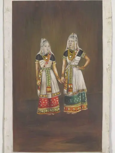 Two Manipuri dancing-girls standing together holding hands., by Unknown