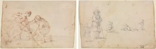 Two Men Tying a Bundle (recto) Five Figure Studies (verso), by Unknown