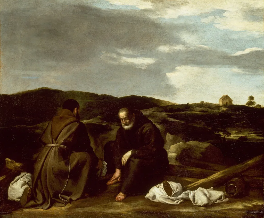 Two Monks in a Landscape, by Unknown, oil, 1645