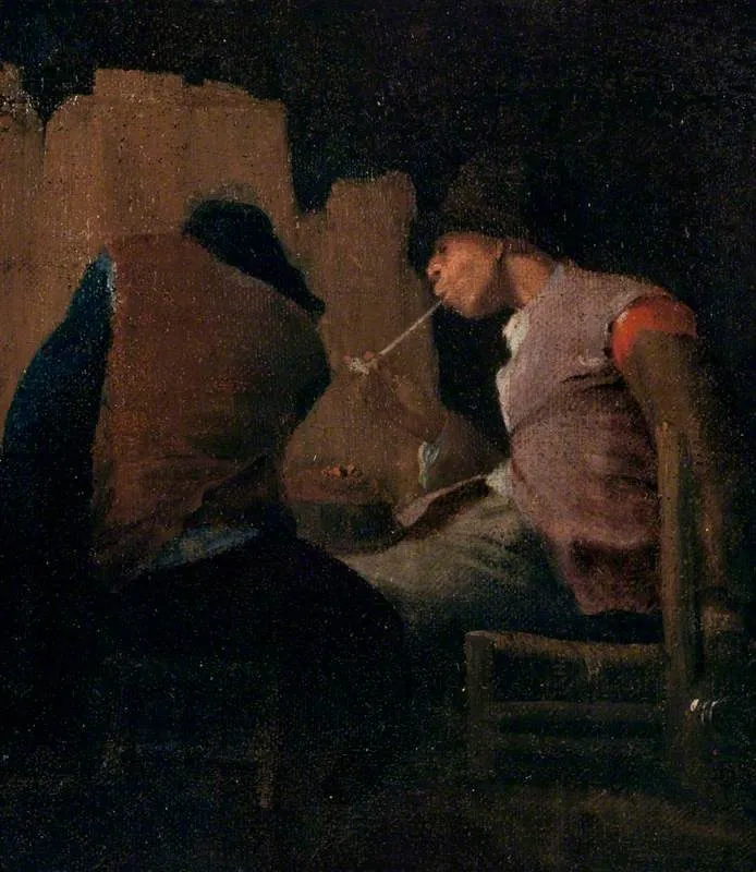 Two Peasants Smoking by a Fire ('Silent Companions'), by Unknown, oil, 1700