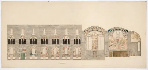 Udkast til freskerne i Viborg Domkirke. Længdesnit, med målestok, by Unknown